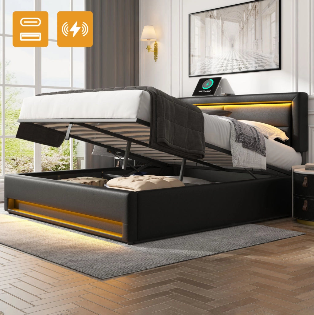 Letto imbottito 140x190 cm con LED, USB e ricarica wireless
