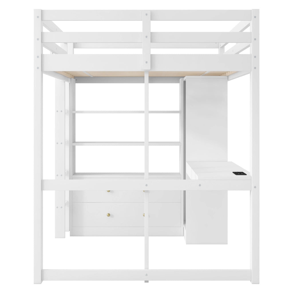 Letto a soppalco 140x200 con scrivania; LED; USB e contenitori; bianco