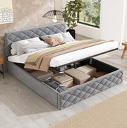 Letto contenitore idraulico 140 × 200 cm con rete a doghe; velluto grigio