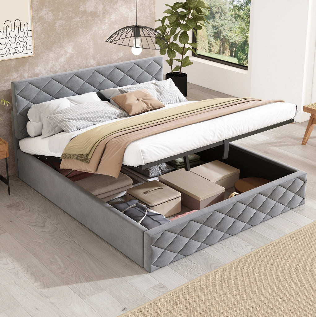Letto contenitore idraulico 140 × 200 cm con rete a doghe; velluto grigio