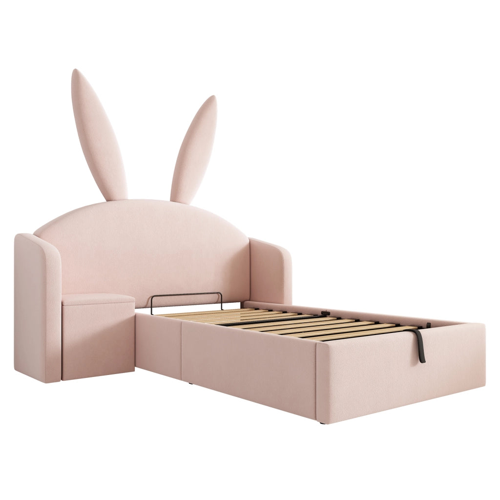 Letto per bambini 90x190 cm, letto idraulico con contenitore, testiera imbottita, forma a orecchie di coniglio, tessuto in velluto, rosa