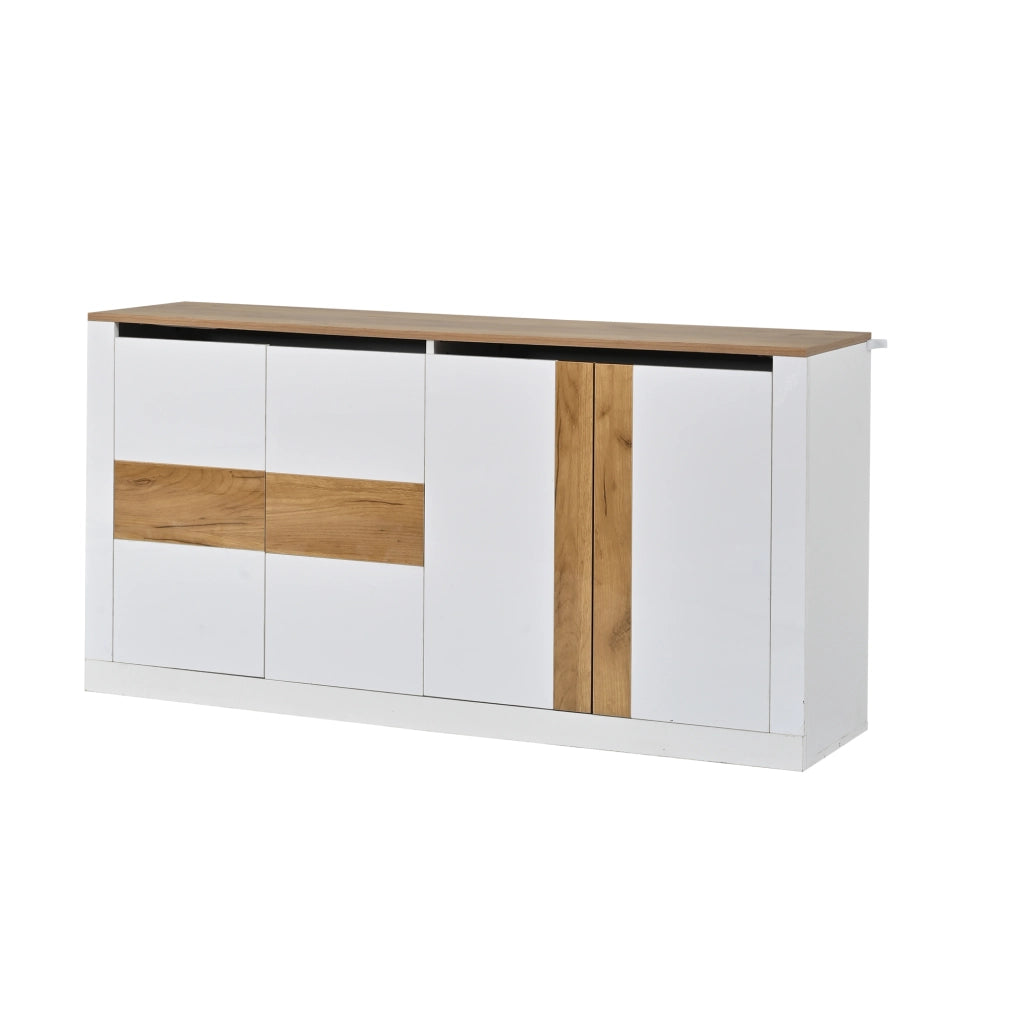 Credenza Bianca Lucida 140 cm con LED RGB; Mobile Soggiorno 4 Ante in MDF; Finitura Rovere