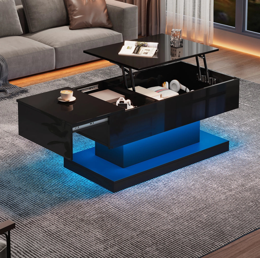 Tavolino da salotto con sollevamento idraulico; LED e contenitore 100x50x45 cm; nero lucido