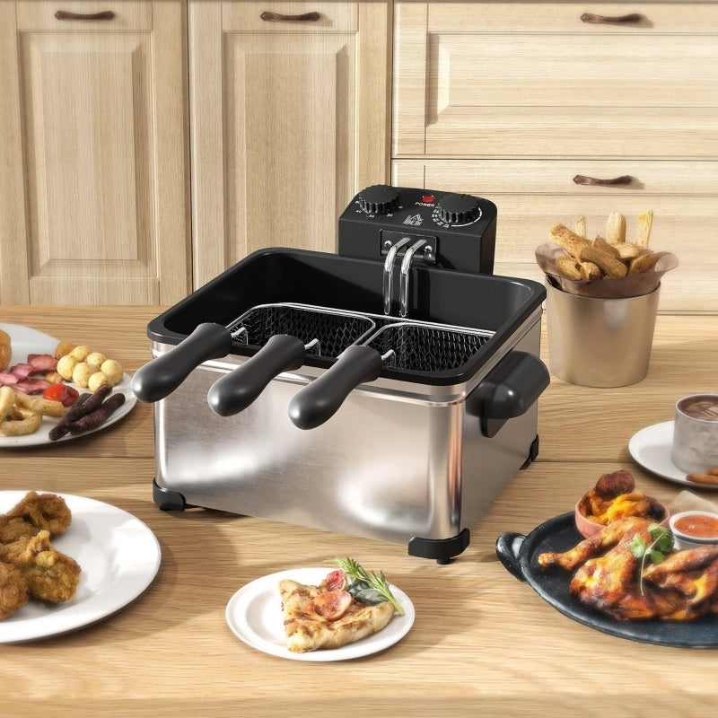 Friggitrice ad olio 5L, 2000W, acciaio inox argento. Temperatura e timer regolabili, serbatoio removibile, finestra di controllo, protezione surriscaldamento