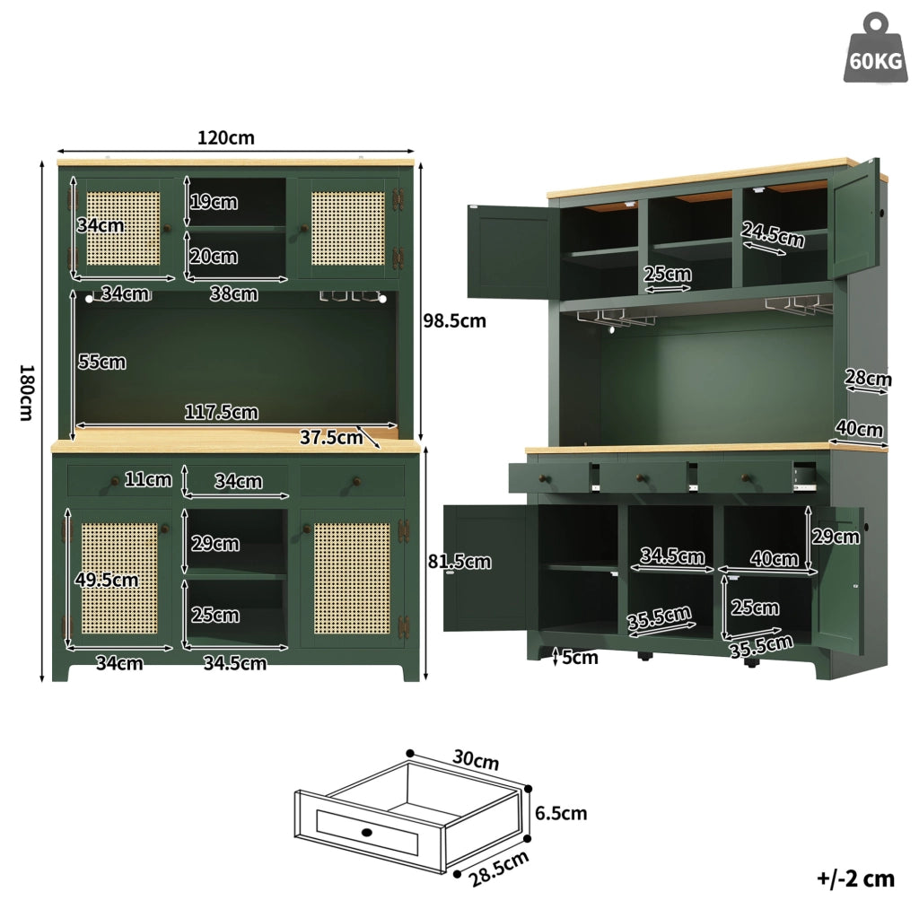 Credenza da cucina alta 120x40x180 cm in MDF verde antico