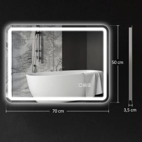 Specchio da bagno LED 50x70 cm con Bluetooth, funzione anti-appannamento, touchscreen e luce regolabile argento