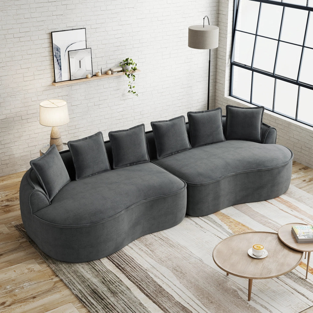 Divano con chaise longue senza telaio in tessuto di ciniglia grigio con seduta profonda e cuscini inclusi