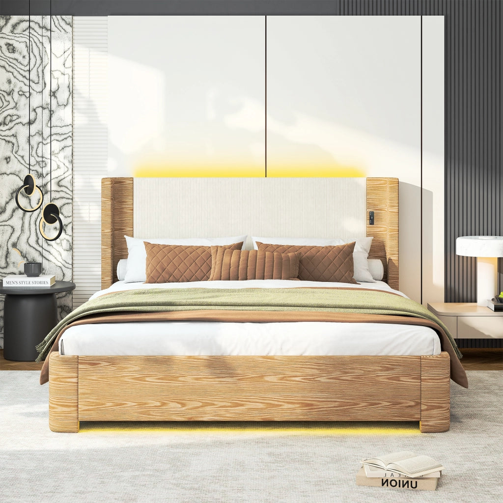 Letto contenitore 180 × 200 cm con sollevamento idraulico 750 N LED a 7 colori telecomando beige