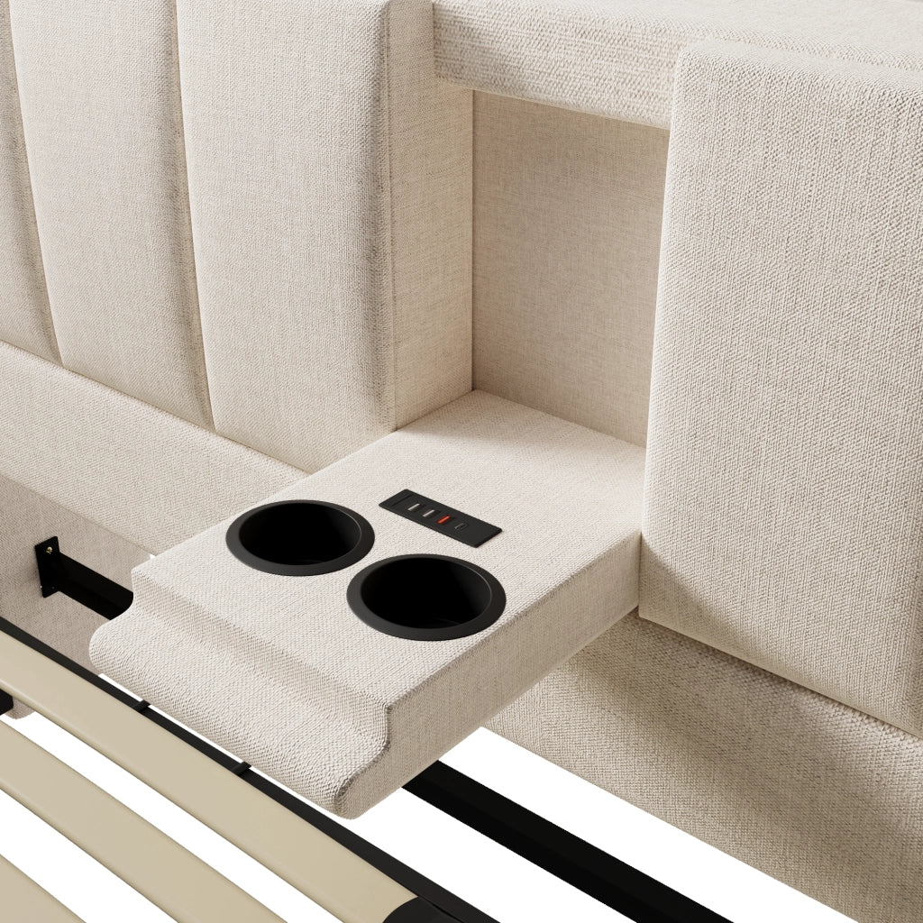 Letto contenitore 180 × 200 cm 2 posti con portabicchieri, stazione di ricarica USB e Type-C, senza materasso, beige