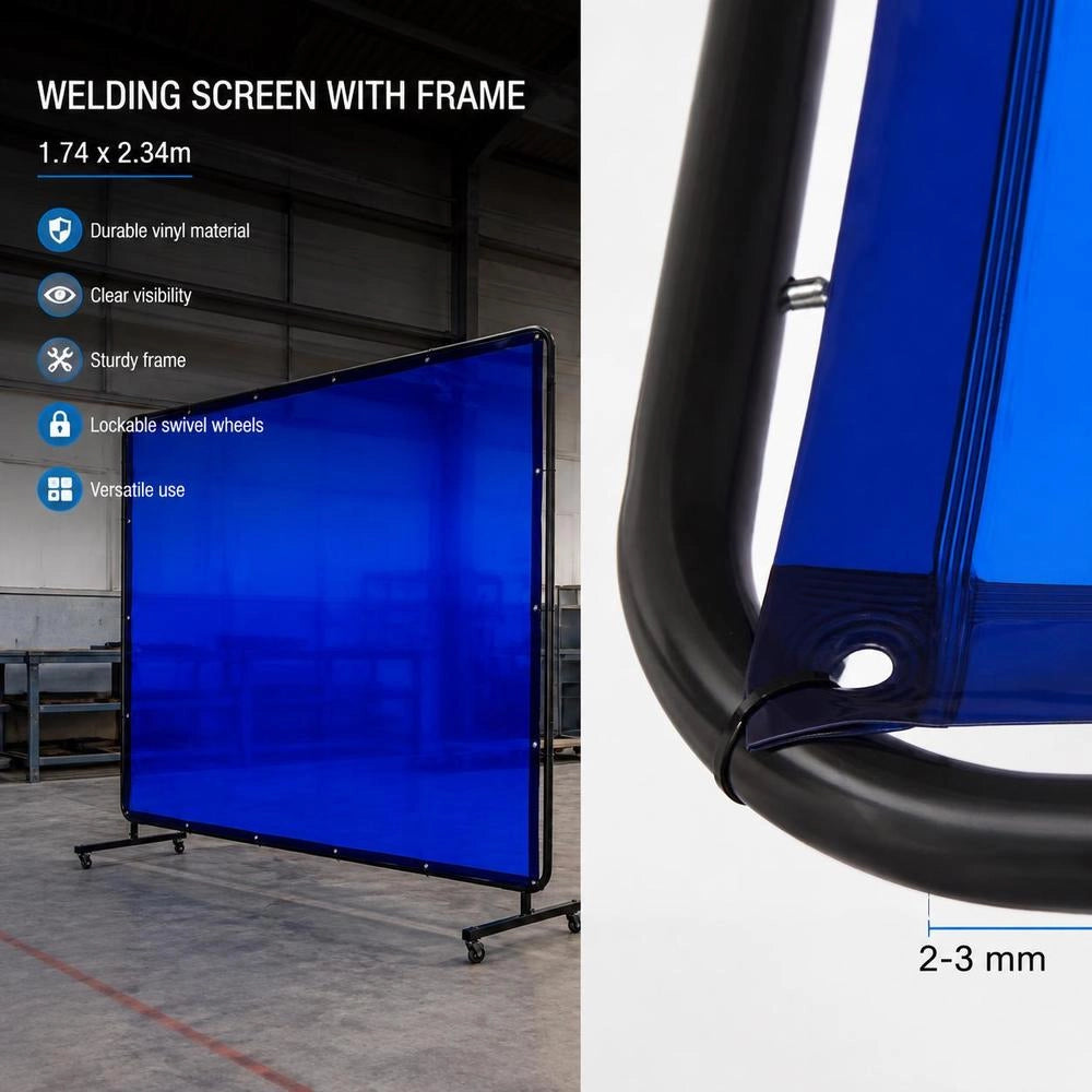 Welding Screen With Frame, 6 X 8 FT Welding Curtain Screen, Flame-Resistant Vinyl Safety Protection Screens With Lockable Swivel Wheels & 6-Level UV Protection For Workshop/Industrial Use, Blue