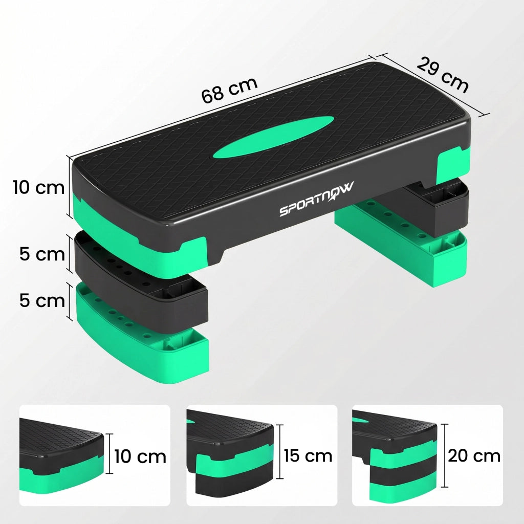 Stepper Aerobico Regolabile 68x29x10-15- 20 cm con Riser in PP Nero e Verde