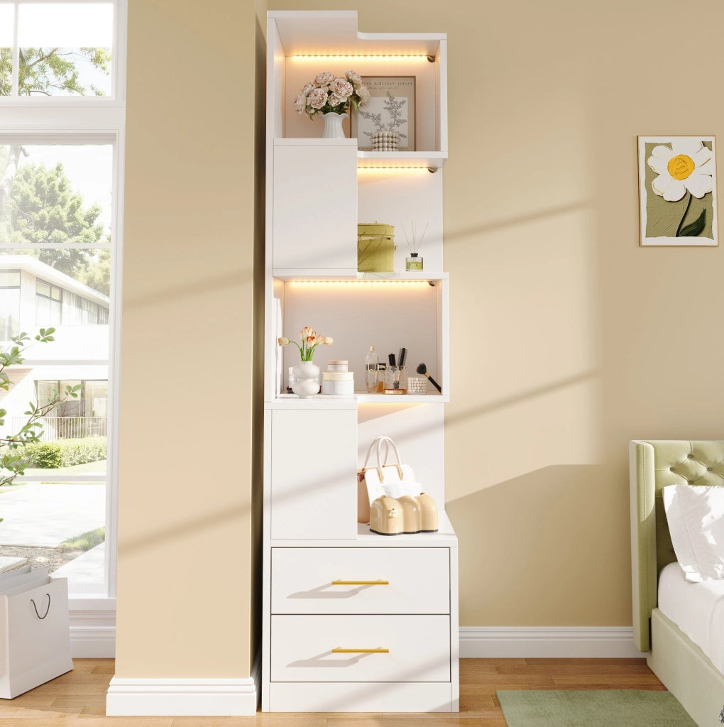 Libreria Angolare Bianca 165 cm con 4 Ripiani, LED Multicolore e 2 Cassetti, Mobile Soggiorno e Camera