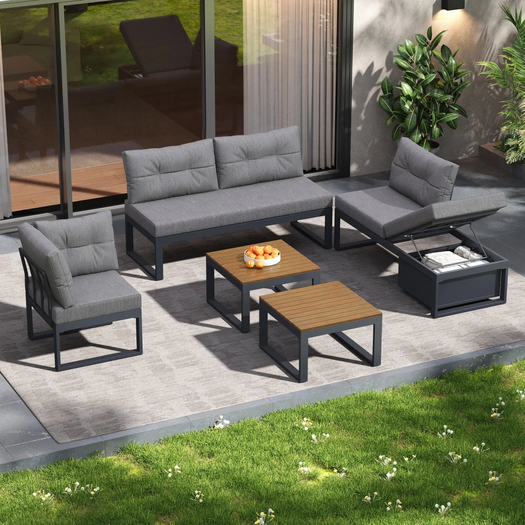 Set mobili da giardino multifunzione, schienale regolabile a 3 livelli con funzione reclinabile, cuscini spessi, vano portaoggetti, rivestimento in poliestere resistente alle intemperie, grigio scuro