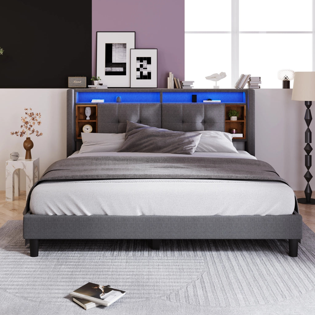 Letto Matrimoniale 140x200 Grigio con Testiera Contenitore; LED; 2 USB e 2 Prese