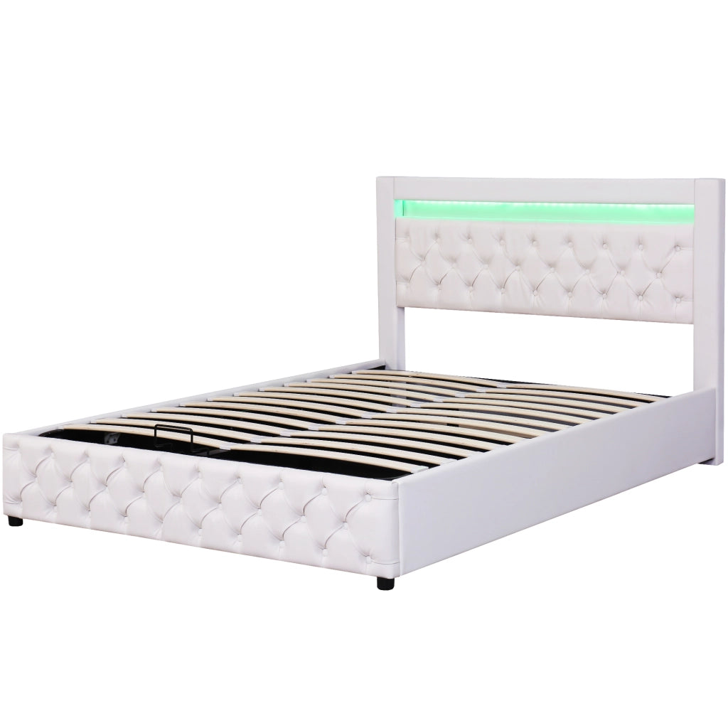 Letto matrimoniale imbottito 140x200 cm con rete a doghe; contenitore e LED; bianco in PU