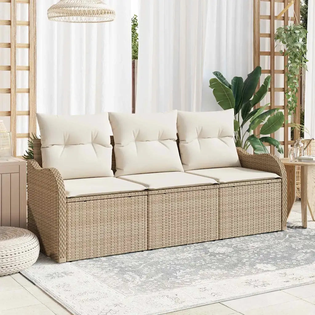 Set Divano da Giardino con cuscino 3 pcs Beige Poly Rattan