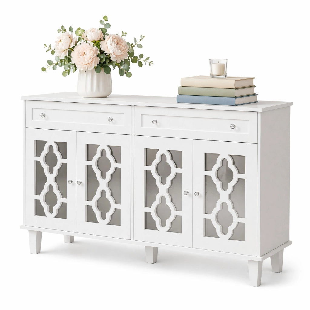 Credenza bianca con 4 ante a specchio e 2 cassetti