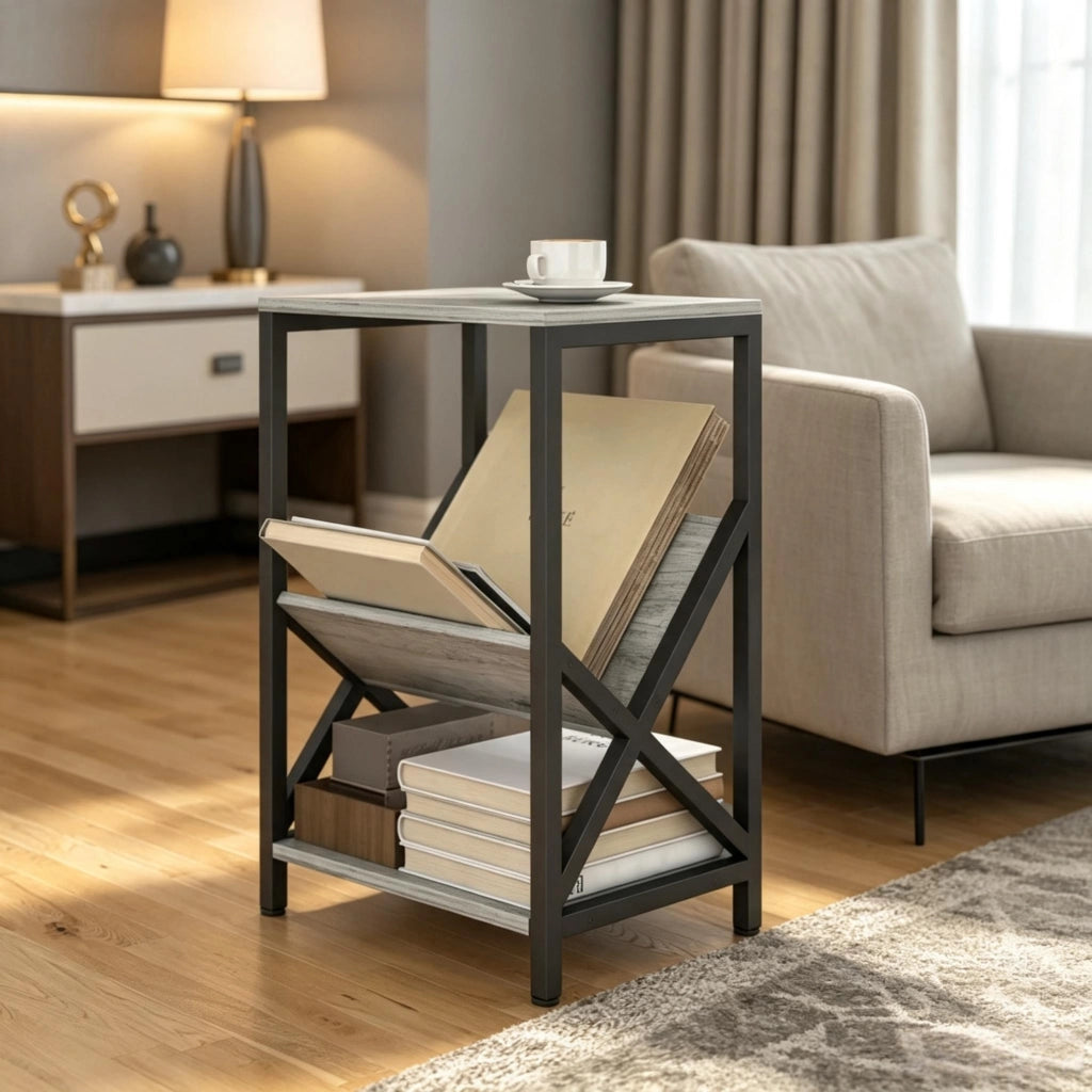 Tavolino laterale con portariviste a V e ripiano in pannello di particelle grigio scuro 40 × 30 × 61 cm