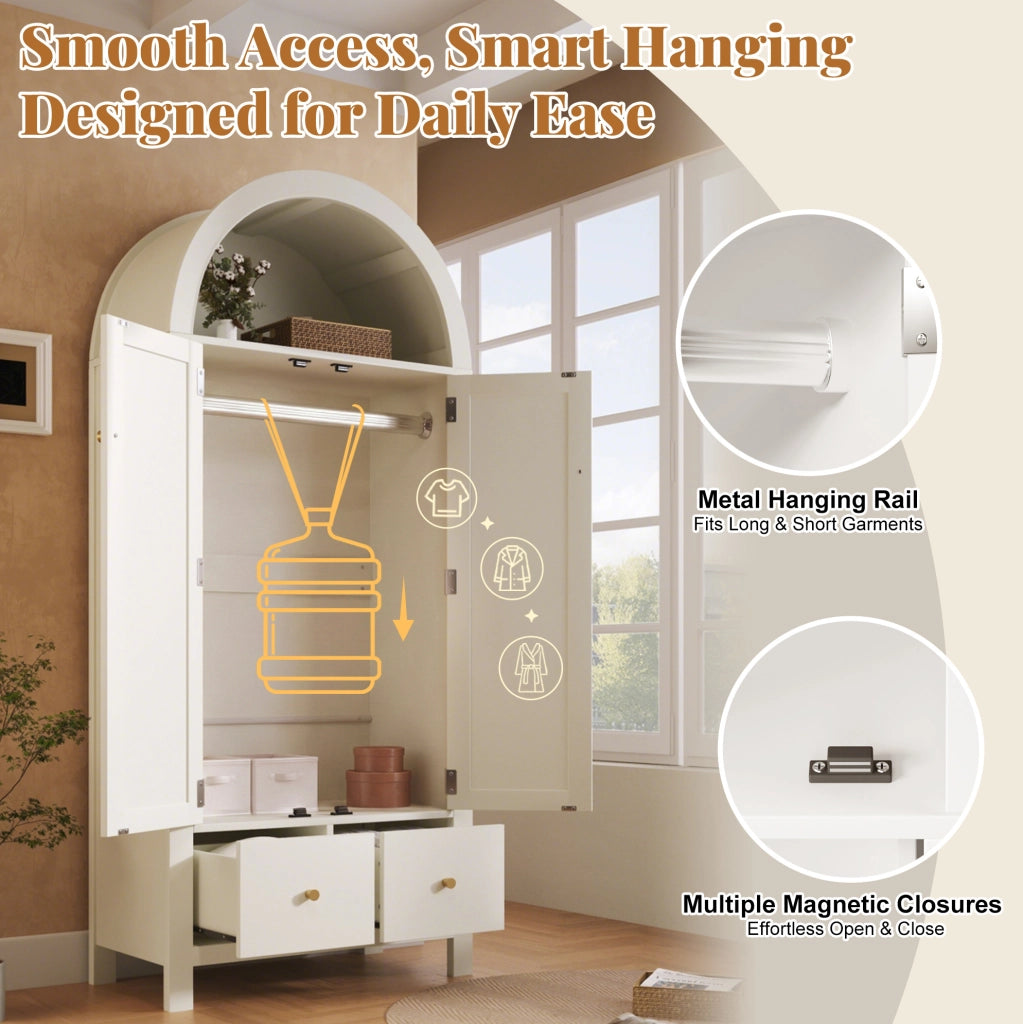 Armadio guardaroba 181x78x45 cm in MDF bianco con intreccio in rattan, 2 ante con chiusura magnetica, 2 cassetti, barra appendiabiti e apertura a mezzaluna