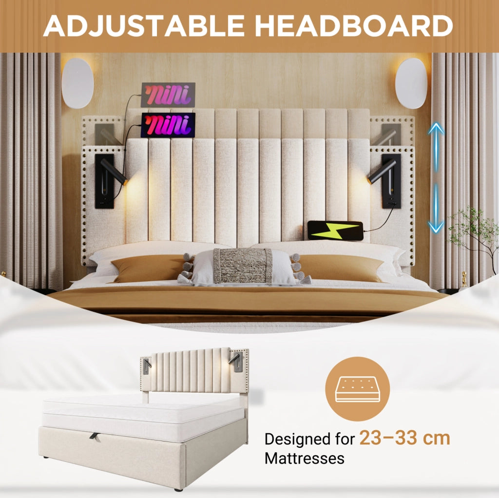 Letto matrimoniale imbottito 140x200 cm con contenitore, testiera regolabile con design borchiato, luce da lettura e ricarica USB, rivestimento in cotone beige (senza materasso)