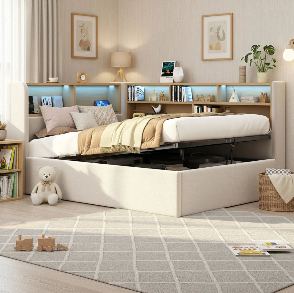 Daybett in velluto beige 90x200 cm con contenitore idraulico, luce LED e porta USB