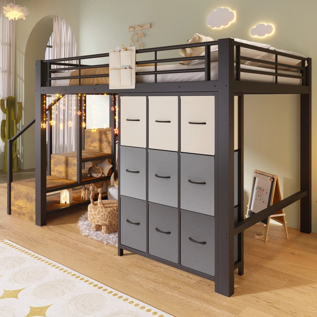 Letto a soppalco 140 × 200 cm con cassetti scala contenitore appendiabiti metallo e MDF nero con sponda