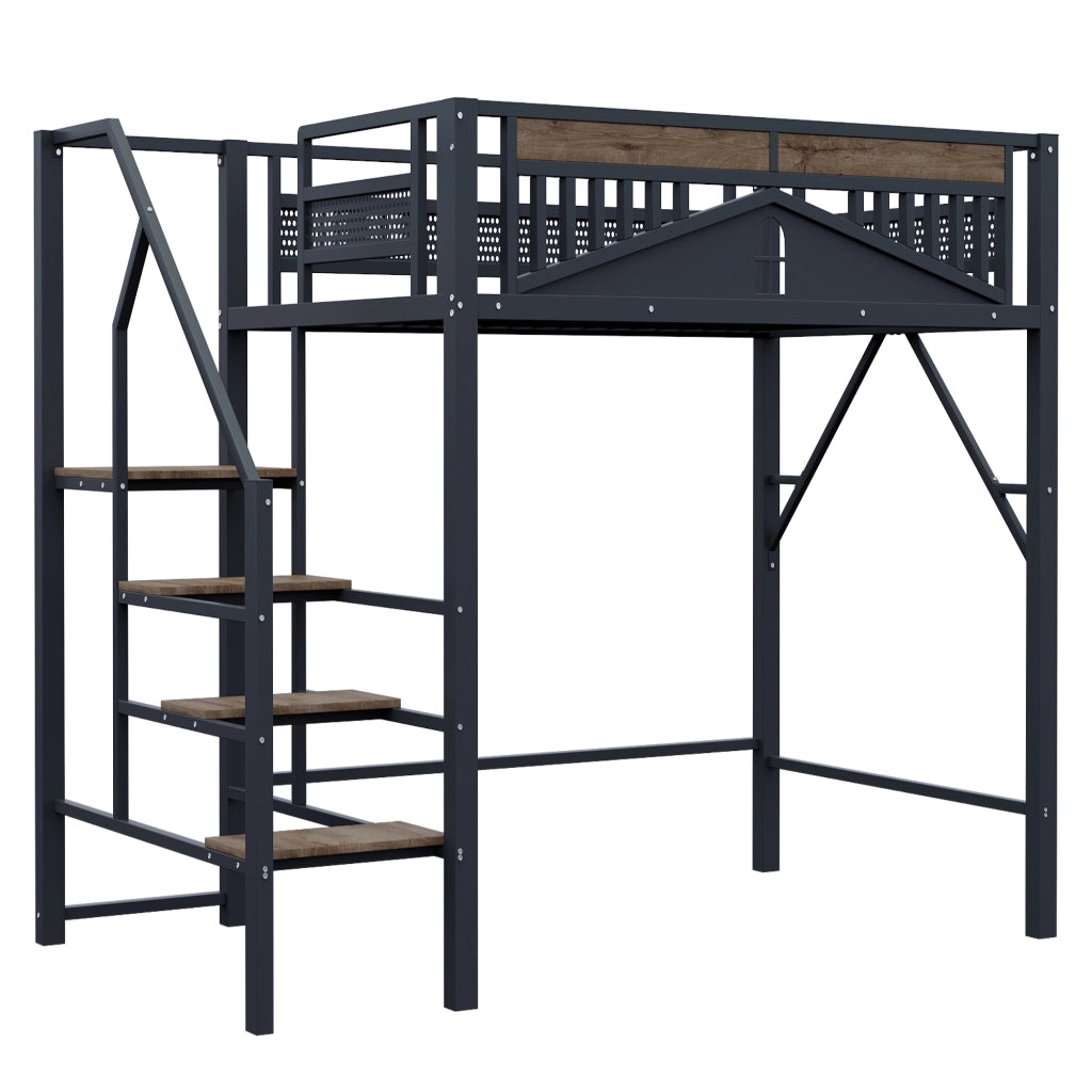 Letto a soppalco 140 × 200 cm con scala di sicurezza; gradini in legno e barriera a finestra in metallo nero