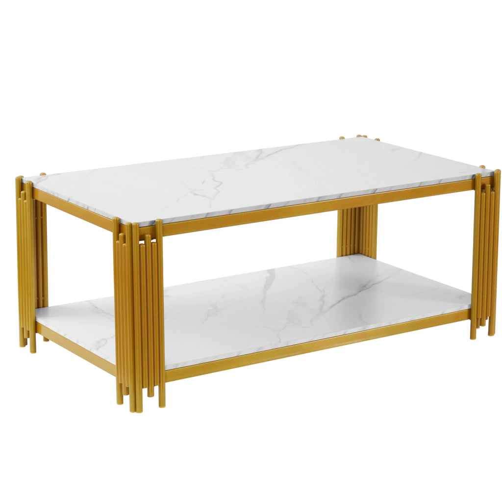 Tavolino da salotto rettangolare con 2 ripiani in MDF e metallo bianco e oro