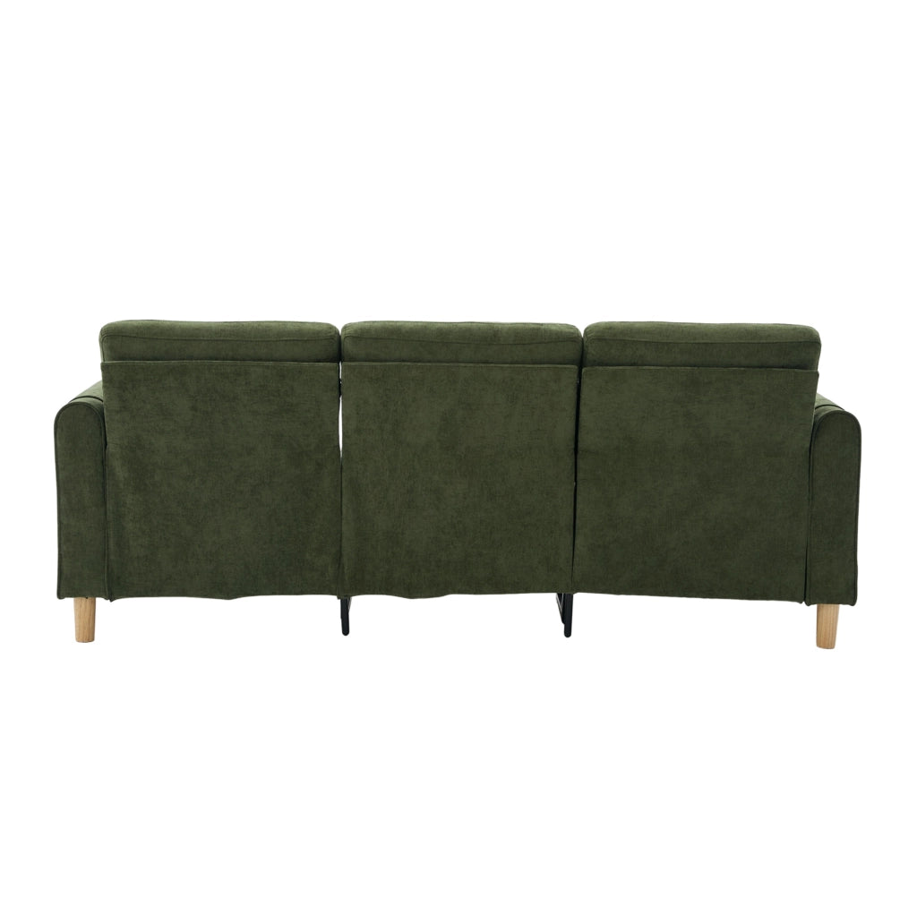 Divano angolare a tre posti in chenille verde con poggiapiedi contenitore e gambe in legno, stile nordico