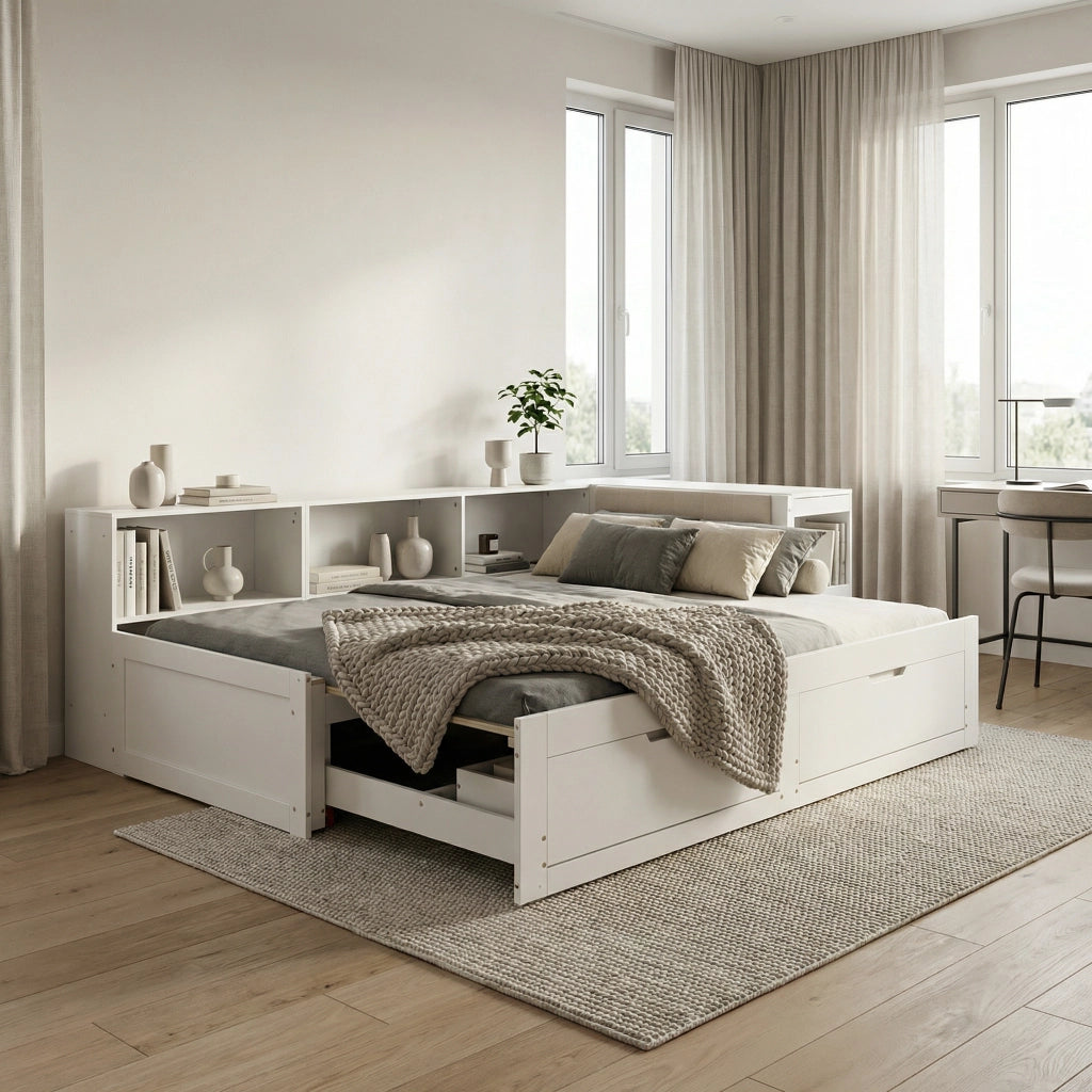 Letto extensible180 x 200 cm con scrivania integrata, cassetti e ripiani, divano letto in legno bianco con testiera imbottita