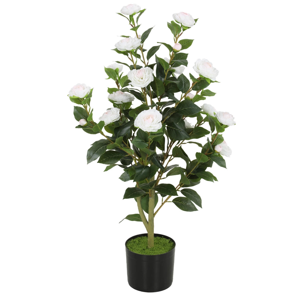Pianta Finta di Camelia con Fiori Realistici, 176 Foglie in PEVA e Vaso Nero in PP Riempito in Cemento, Bianco