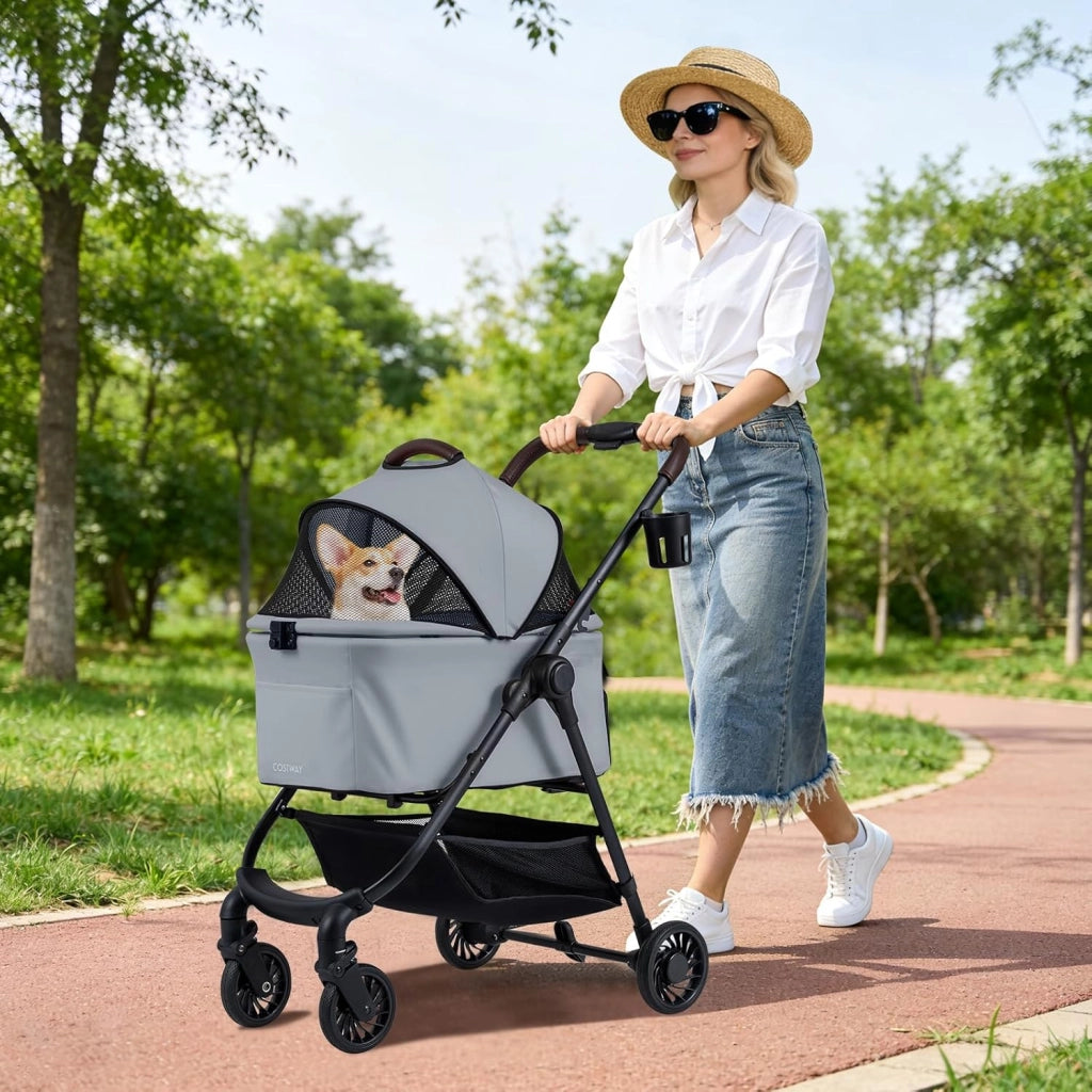 3 in 1 Passeggino Portatile per Cani, Portata 15 kg, Grigio
Carrozzina per Cani Rimovibile con Tetto in Rete Regolabile, Cesto Portaoggetti e Cintura di Sicurezza