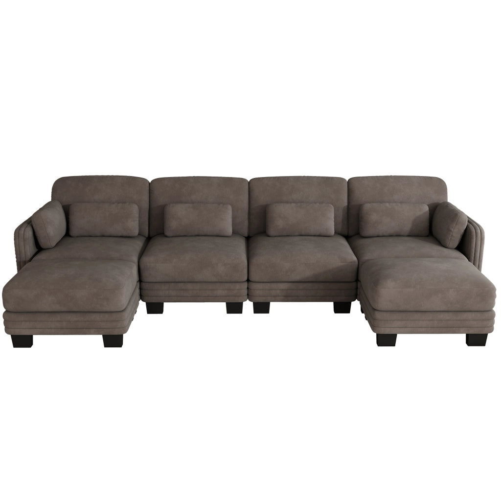Divano modulare a U 330x143x88 cm in ciniglia marrone con pouf