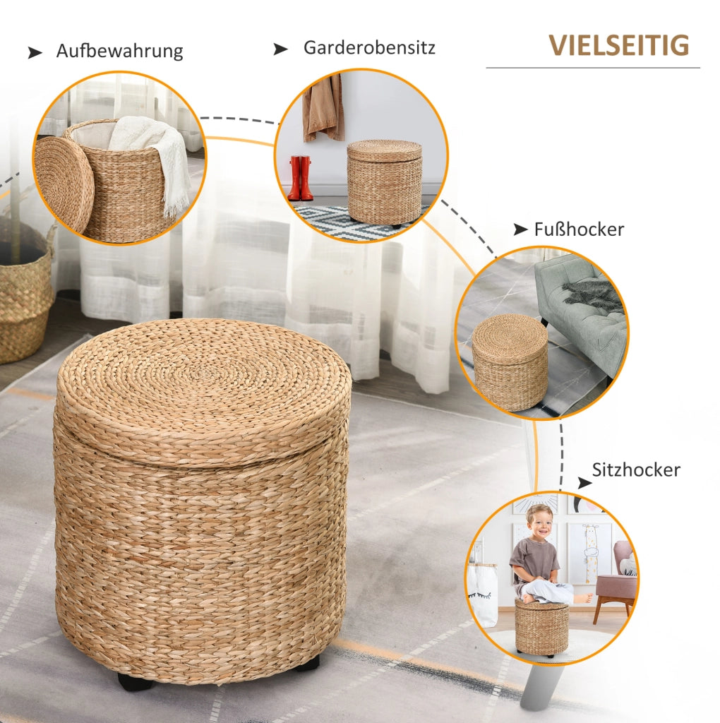 Pouf contenitore in rattan naturale color kaki con coperchio rimovibile Ø43x43 cm