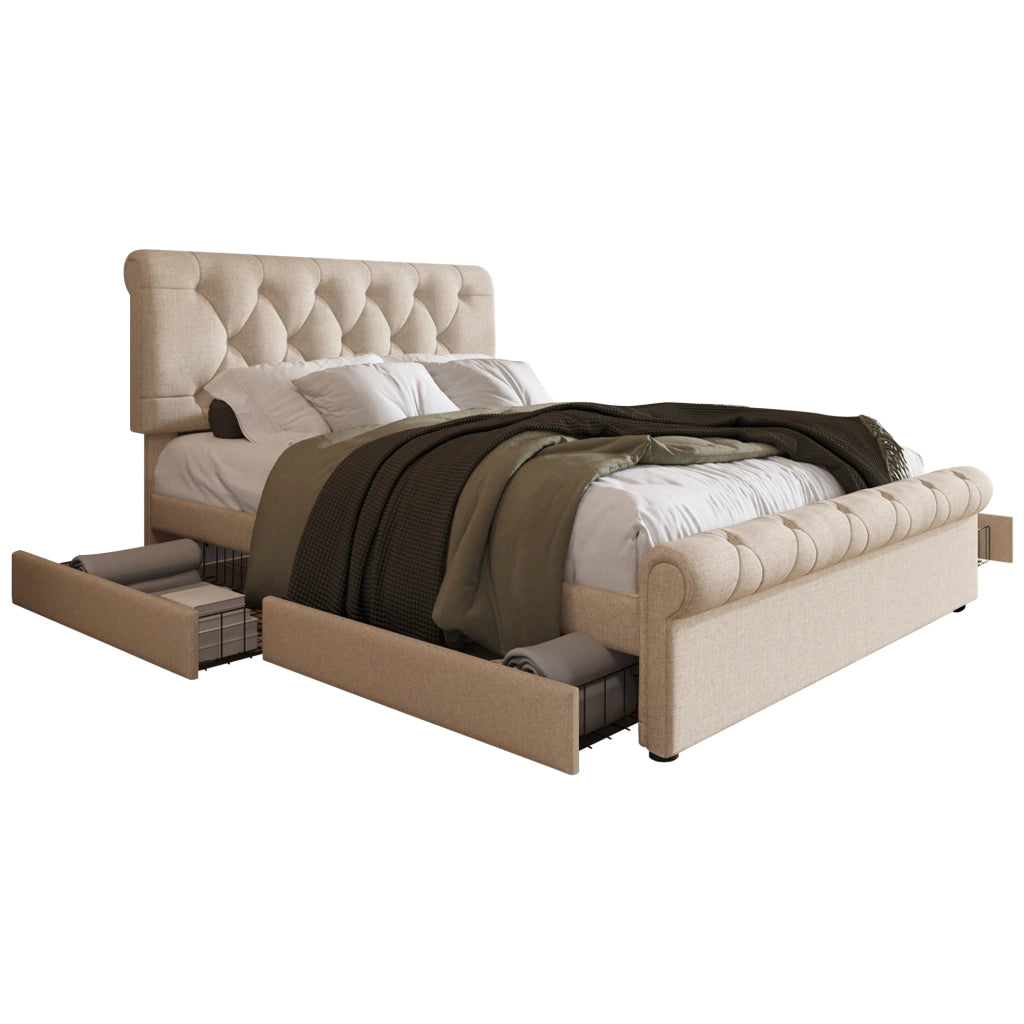 Letto Matrimoniale 140x200 cm; con 4 Cassetti e Testiera Regolabile in Tessuto Natural