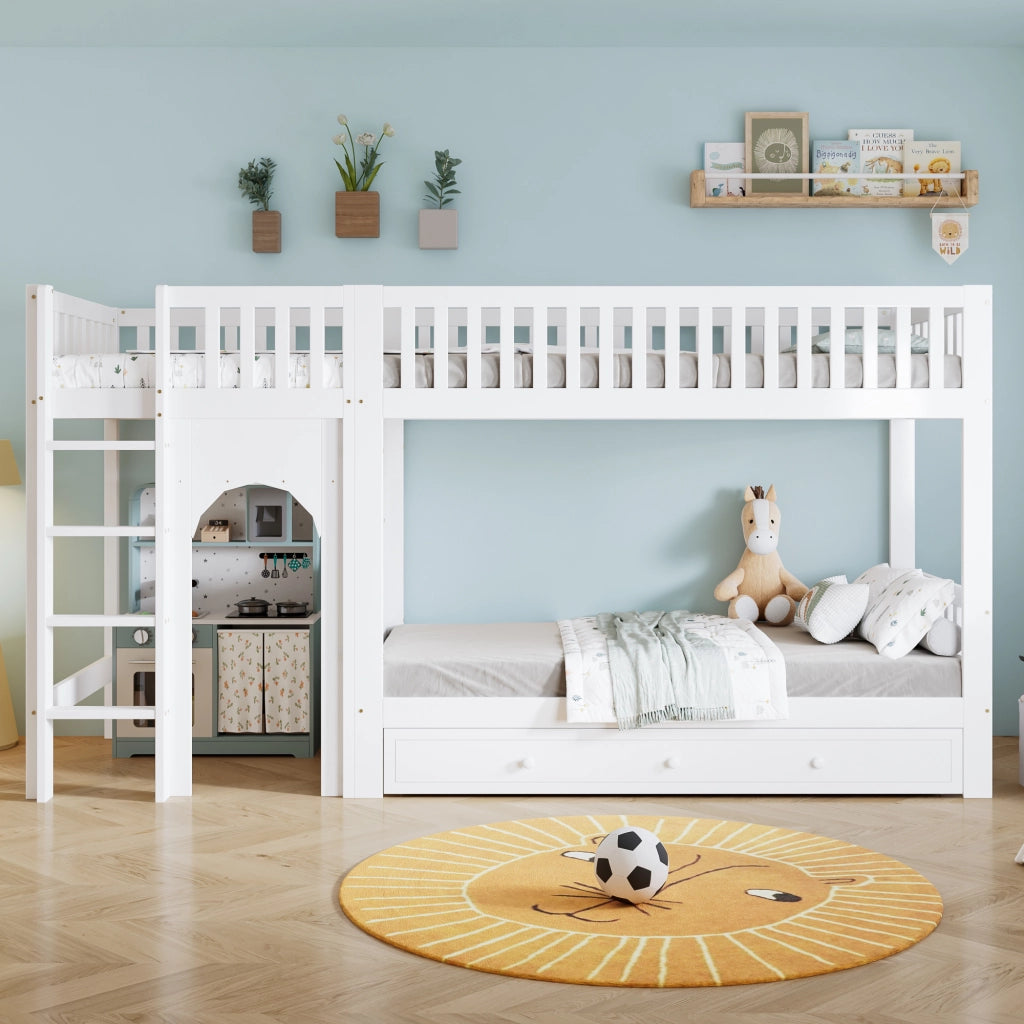 Letto a castello per bambini con scala a quattro gradini e sponde legno bianco e naturale 90 × 200 cm