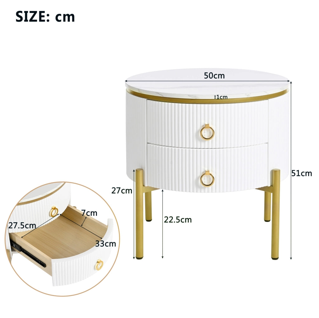 Tavolino laterale ULEVR ?50x51 cm con 2 cassetti, gambe regolabili e finitura effetto marmo bianco e oro