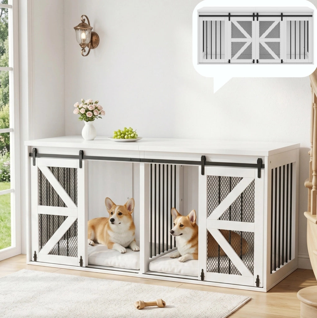 Mobile per Cani a Due Posti in Legno e Metallo 160 x 60 x 75 cm con Divisorio Fisso e Porte Scorrevoli Bianco
