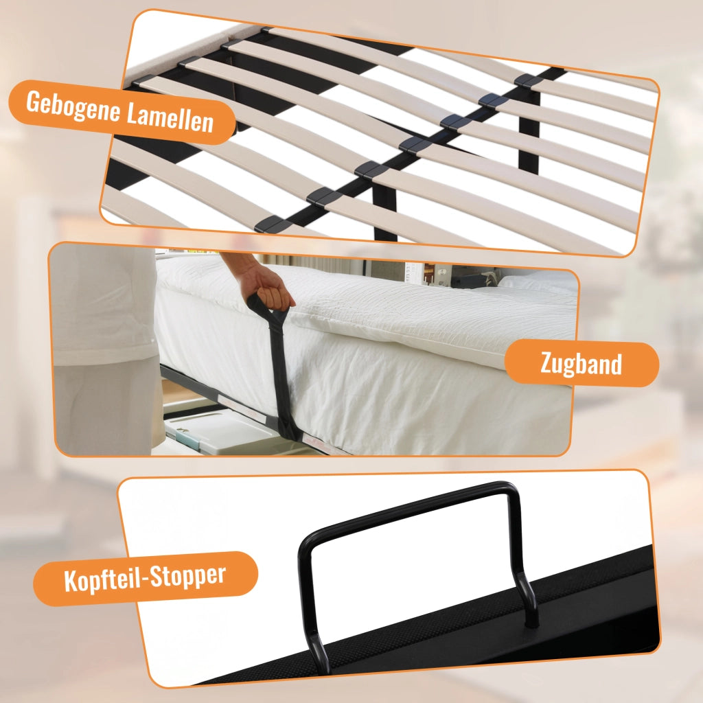 Letto matrimoniale 160 × 200 cm con contenitore idraulico testiera in lino grigio con USB Type-C e materasso incluso