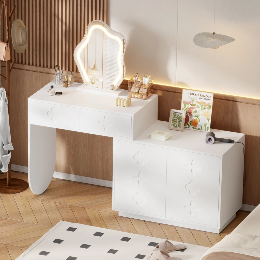 Toeletta 160x40x132 cm con specchio LED a 3 tonalità; 2 cassetti e armadio; MDF; bianco