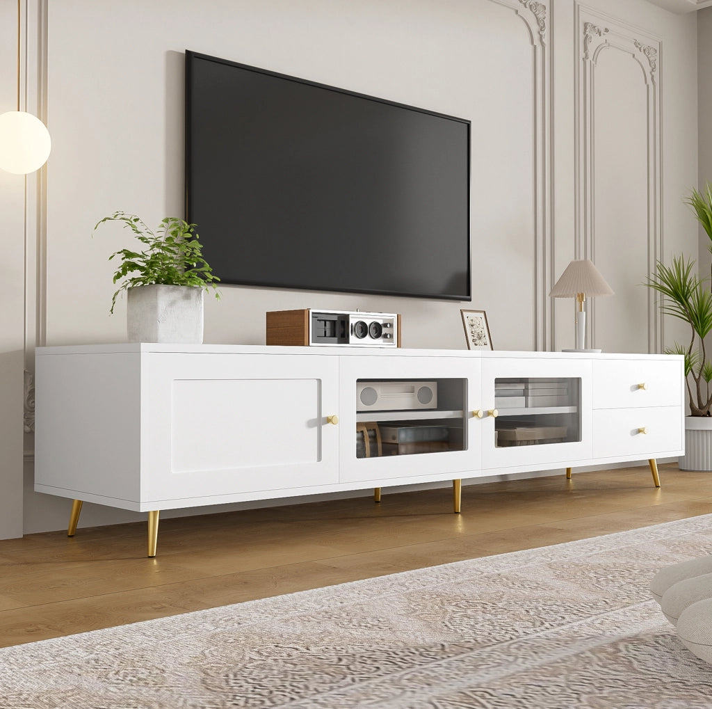 Mobile TV 170x40x43 cm bianco con 2 cassetti; 2 ante in vetro e anta HOMVRA