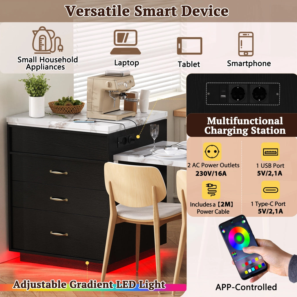 Tavolo allungabile da pranzo con LED; porte USB e Type-C; cassetti e ripiani aperti; nero in MDF