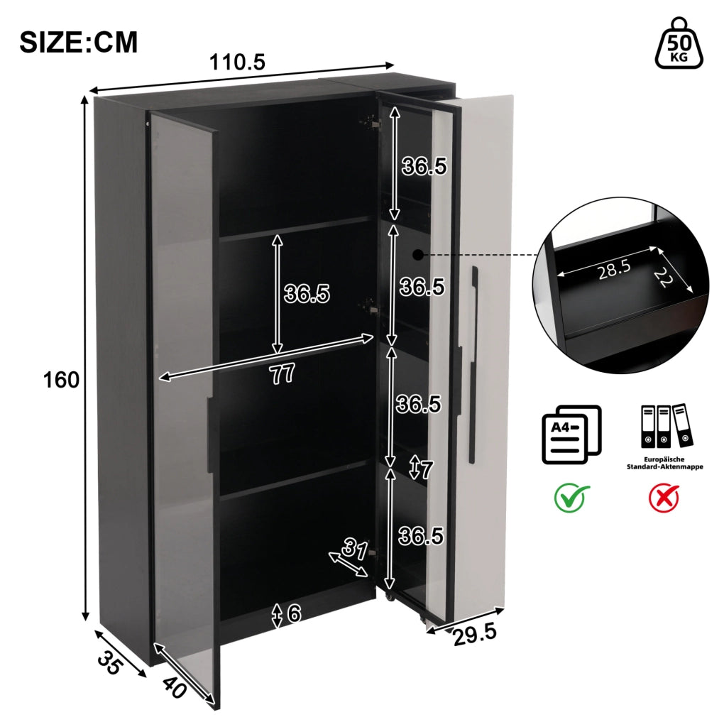 Vetrina 110,5x35x160 cm nera e bianca con LED, anta in vetro e vano scorrevole