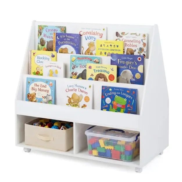 Libreria per bambini a doppio lato su ruote con lavagna e cubi aperti in MDF bianco salvaspazio 90 x 45,5 x 87 cm