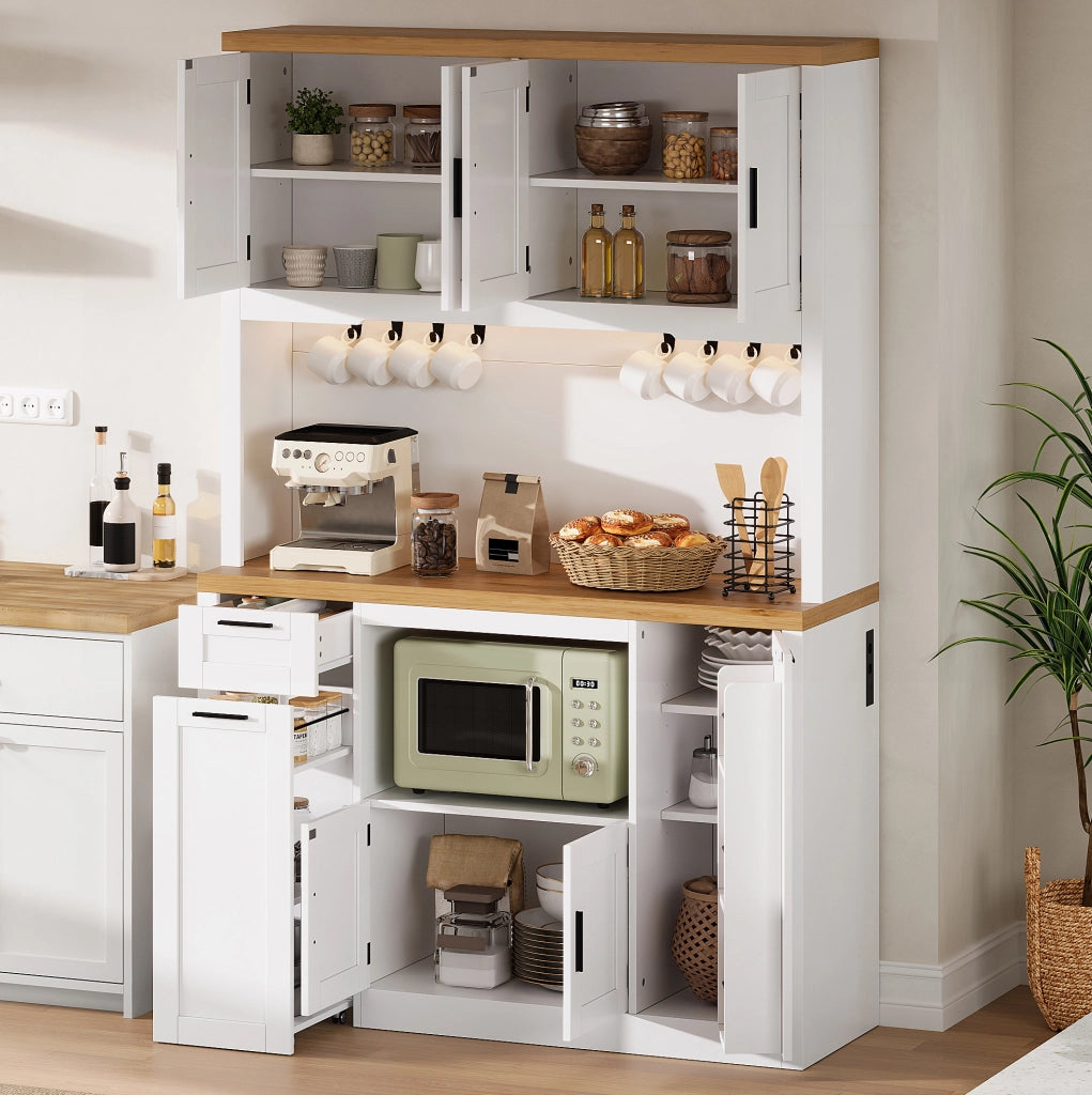 Mobile cucina 120x40x182 cm con LED RGB, prese e cassetti in MDF bianco e naturale
