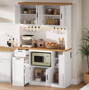 Mobile cucina 120x40x182 cm con LED RGB, prese e cassetti in MDF bianco e naturale