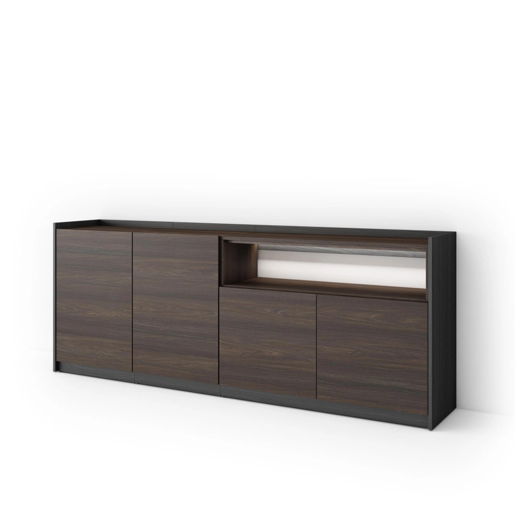 Credenza, Mobile, Cucina, 207x80x37 cm, 4 Porte, LED, Rovere scuro e Nero