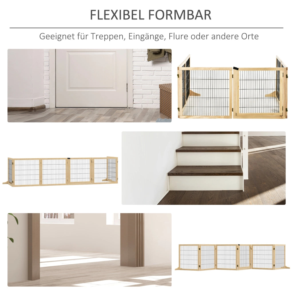 Cancelletto pieghevole per cani in legno di pino e acciaio con piedi di supporto naturale 432 × 36 × 70 cm