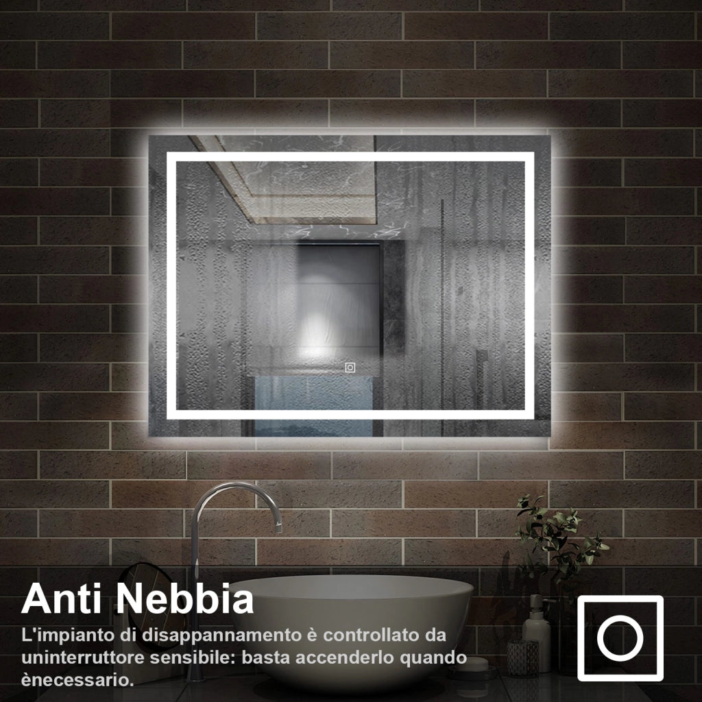 specchio rettangolare 100 x 60 cm con luce led antiappannamento e touch