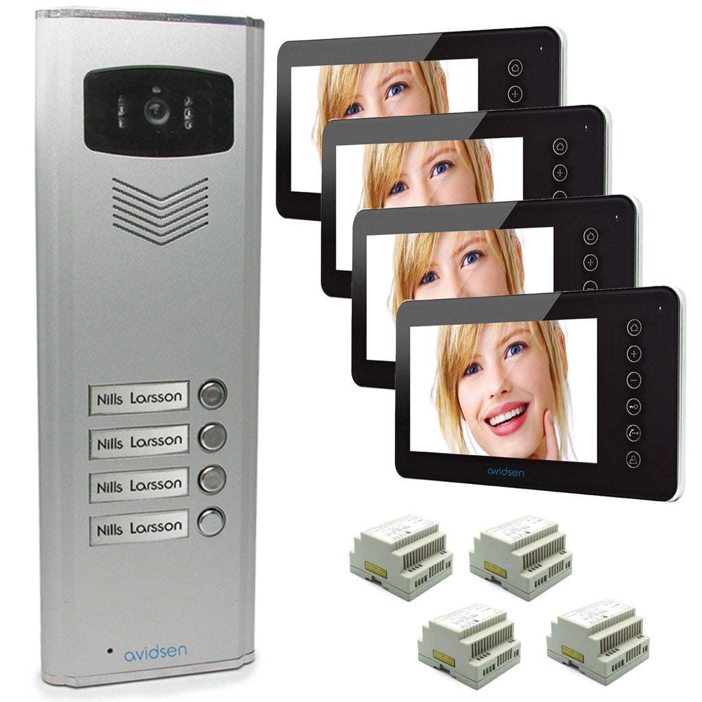 Kit Videocitofono 4 Appartamenti Nordström Avidsen Colore Nero – Pulsantiera Esterna con Telecamera + 4 Monitor Touch 7” + Alimentatori DIN 15V